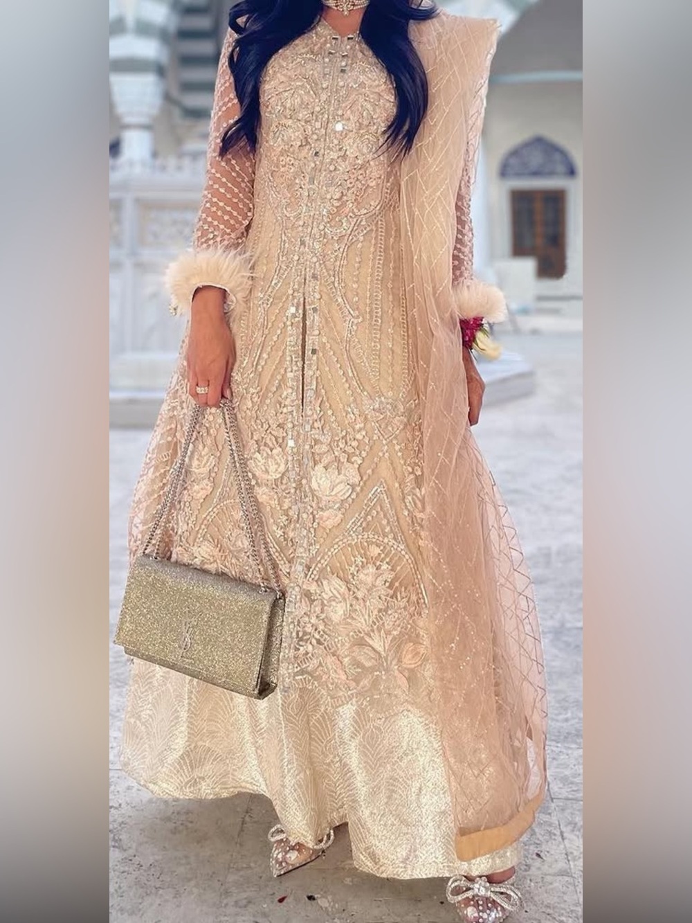 Embellished Beige Formal Gown with Fur Trim